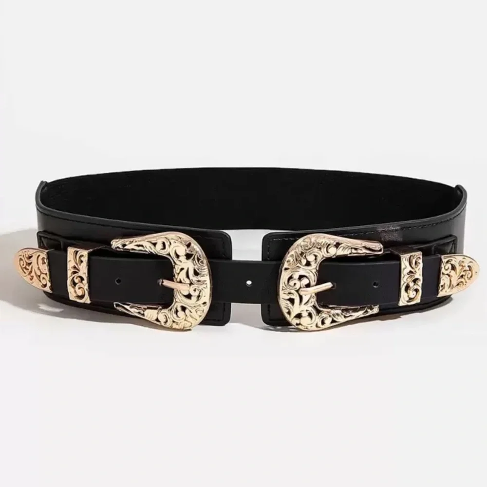 Elegant Black Western Double Buckle Belt with Gold Buckles